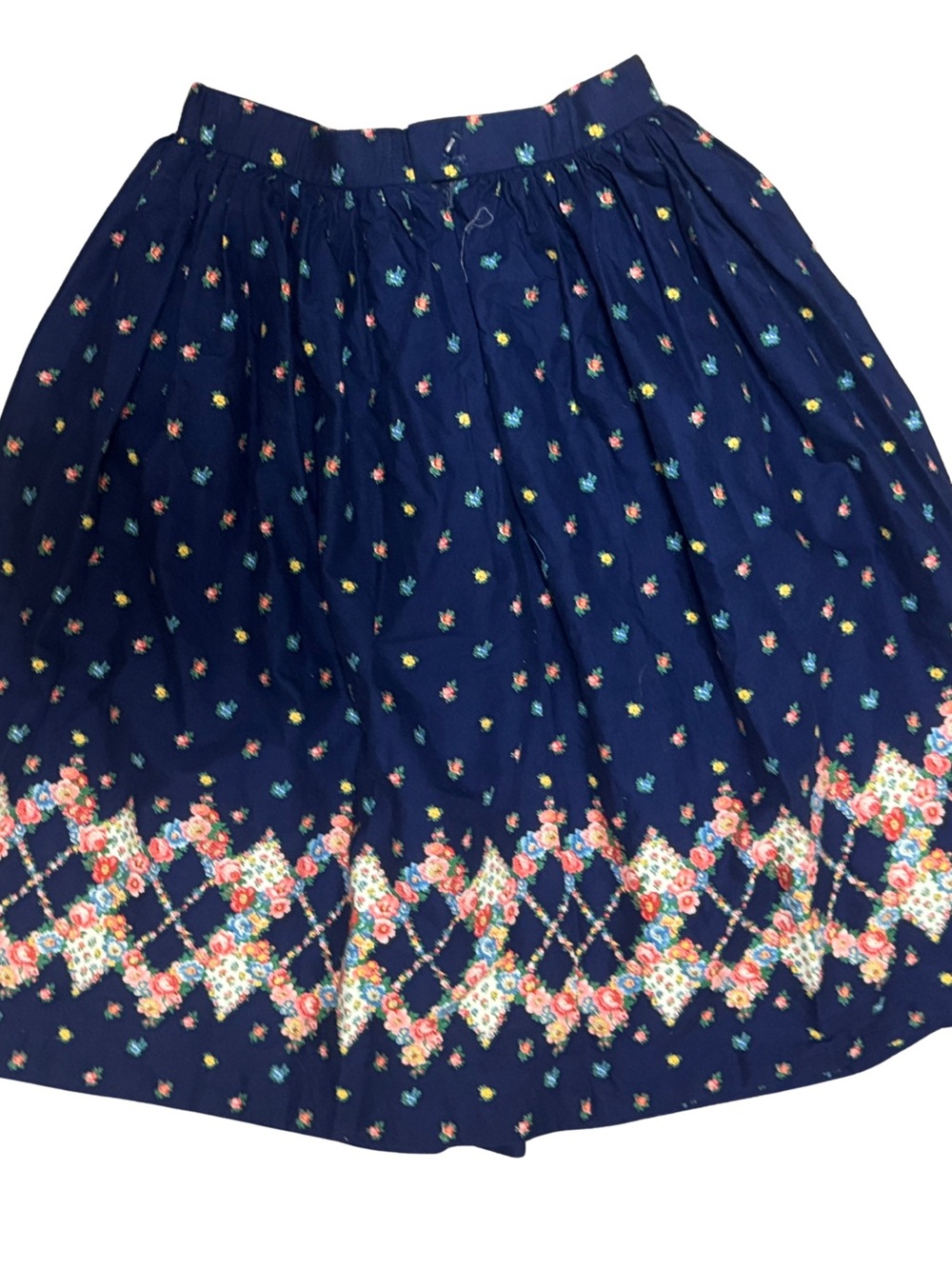 Vintage Handsewn Navy Floral Border Midi Skirt - Cranston Vtg Fabric Boho